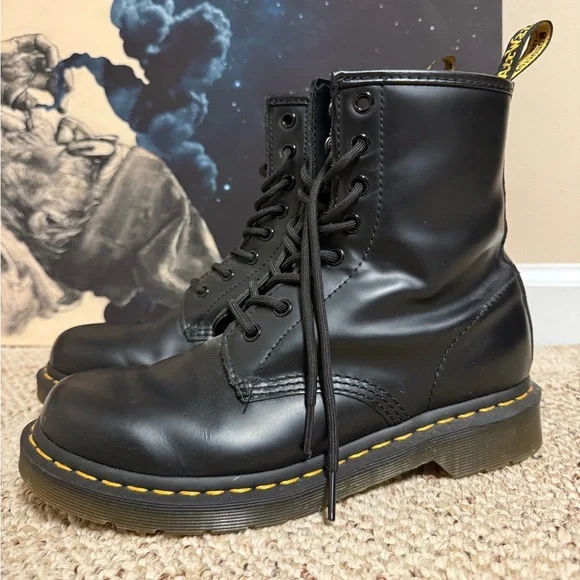 Dr. Martens Black Leather Boots with Yellow Accents - Picture 1 of 6